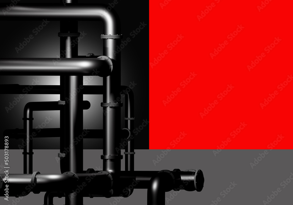 Engineering communication. Tangled water pipes. Dark pipeline. Place for text on red. Tangled steel pipes of engineering networks. Pipes for supplying water to house or boiler room. 3d rendering. Engineering communication. Tangled water pipes. Dark pipeline. Place for text on red. Tangled steel pipes of engineering networks. Pipes for supplying water to house or boiler room. 3d rendering.