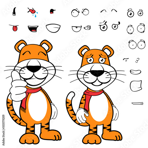 funny standing tiger cartoon kawaii expressions pack in vector format