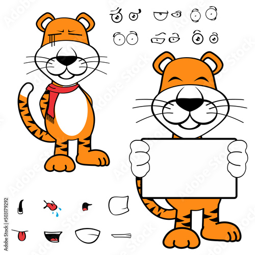 funny standing tiger cartoon kawaii expressions pack in vector format