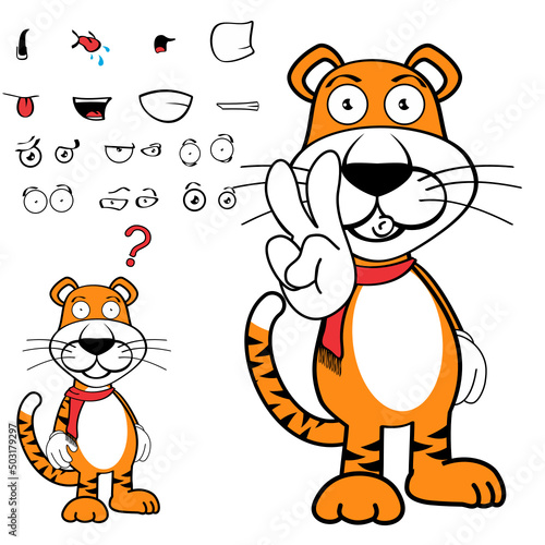 funny standing tiger cartoon kawaii expressions pack in vector format