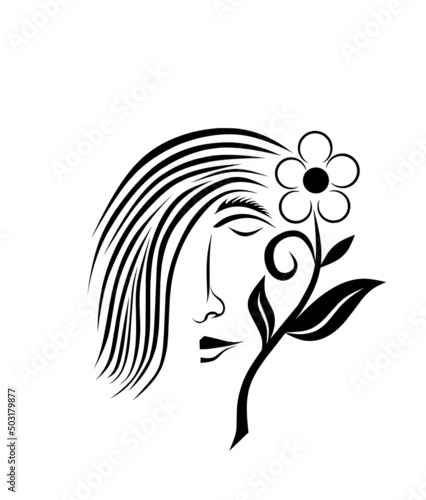 Abstract vector silhouette or sketch of a woman s face with a little floral touch