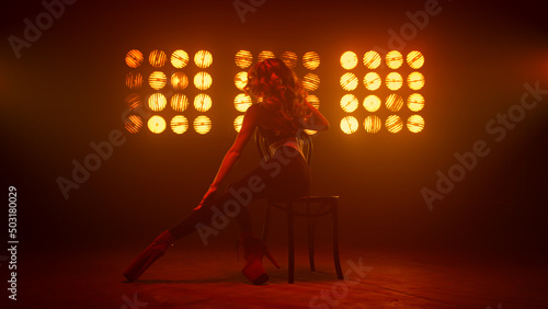 Vászonkép Woman showing sexy body performing striptease on stage