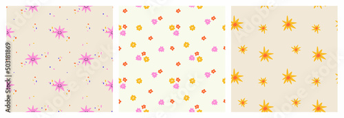 Floral abstract background. A set of summer seamless patterns. Minimalistic pattern with stars and flowers. Summer backgrounds. Modern vector illustrations.