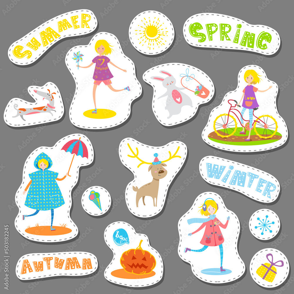 Cute Seasonal Sticker set. Cartoon characters and elements set for poster, print, label, banner, design for kid accessories, greeting card. Vector illustration. Winter, Spring, Summer.