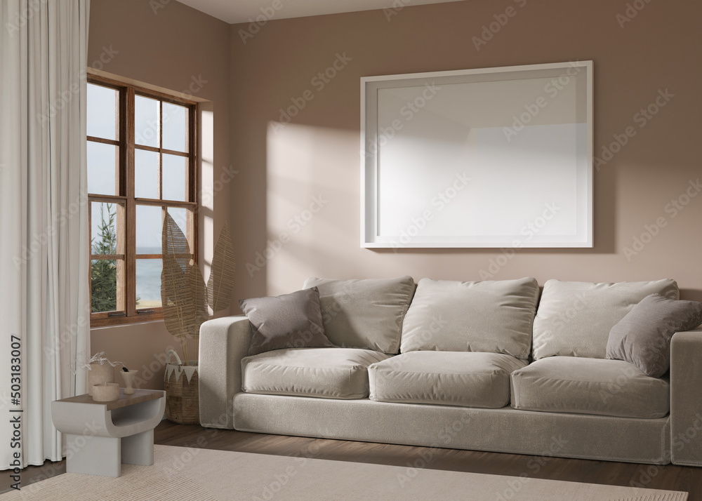 Fototapeta premium Empty horizontal picture frame on brown wall in modern living room. Mock up interior in contemporary style. Free, copy space for your picture, poster. Sofa, carpet. 3D rendering.