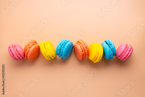 Bright multicolored french sweet dessert - macaroon, biscuit, marzipan