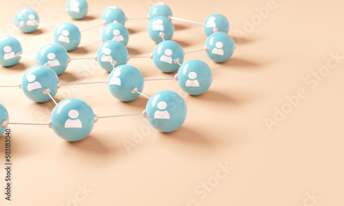 Connecting people and communication concept, social network. People icon connected together on blue background. Teamwork, 3d render. Copy space.