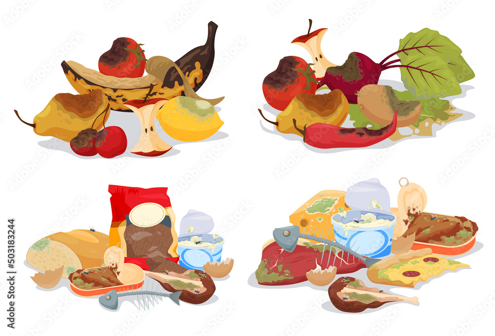 Set of vegetables fruits rotting products. Composting food. Perishable products. Vector illustration on a white background Set of vegetables fruits rotting products. Composting food. Perishable products. Vector illustration on a white background