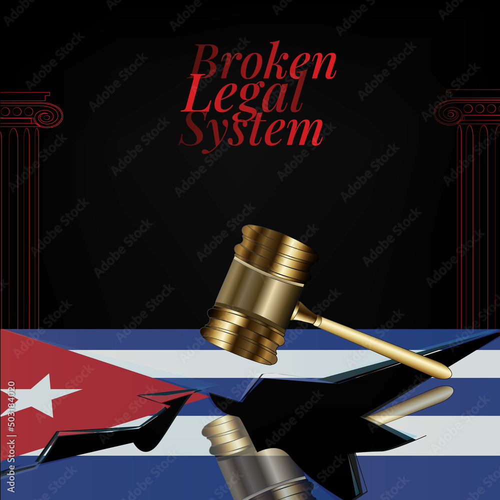 Cuba's broken legal system concept art.Flag of Cuba and a gavel