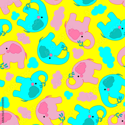 Summer colourful baby pattern, pink and blue elephants, yellow background. Seamless pattern, vector.
