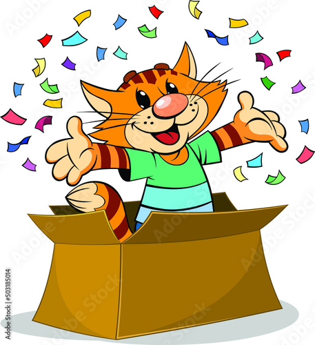 Cat appears from the Box.
A vector illustration of a cartoon striped red cat jumps out of a big box.