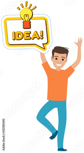 Person near word text on talk shape. Communication, conversation, business planning concept. Sticker, colloquial speech bubble above head of dancing guy. Man creates new idea with light bulb icon