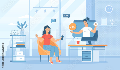 Virtual assistant. Customer support, call center. Operator consults client and answers questions.Flat cartoon vector illustration with people characters for banner, website design or landing web page