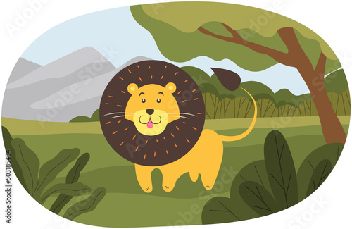 Cartoon lion in savanna, huge animal in nature, wild cat on natural landscape background. Safari, outdoor zoo park with predator, powerful leo. African wildlife representative, predatory mammal