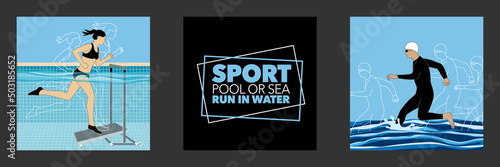 Courir dans l’eau pour garder la santé, un sport illustré d’un côté par une fille courant sur tapis de course aquatique dans une piscine et de l’autre côté un garçon faisant son jogging dans la mer.