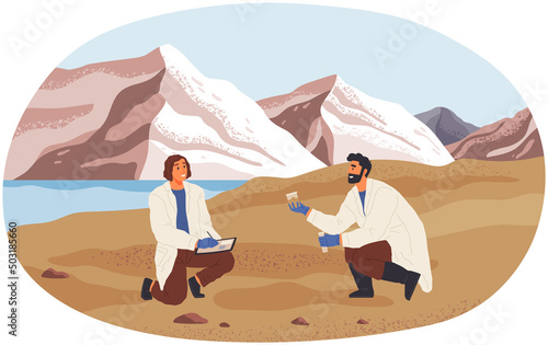 People exploring nature, analyze soil. Researchers take samples of biomaterial. Environmental and ecology research. Scientists conduct ecological experiment. Explorers work in forest or lake