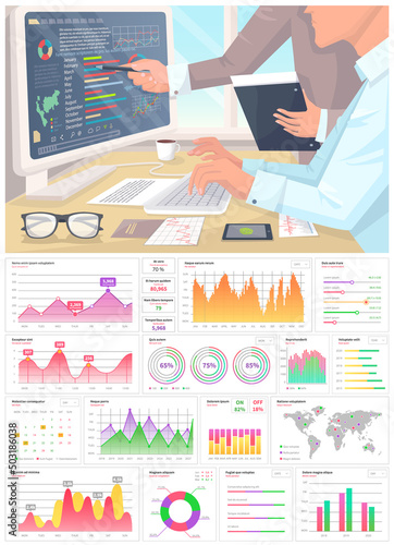 Analytics information and business development. Web analysis measure, product testing technology. People analyse digital report on computer. Set of diagrams with statistical indicators and data
