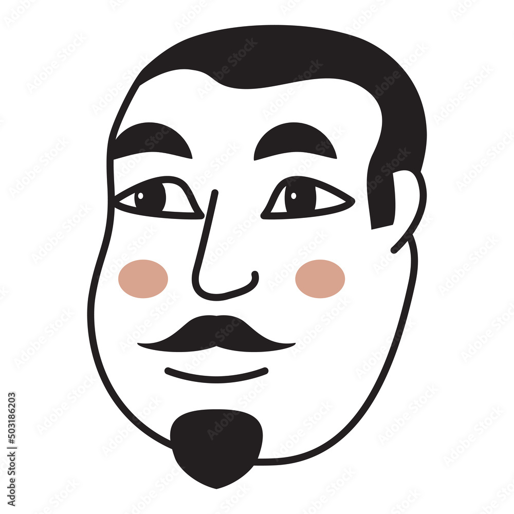 Doodle man face.Hand-drawn line people. Asian man with a mustache.Avatar face.Isolated on white background. Outline vector illustration. Doodle man face.Hand-drawn line people. Asian man with a mustache.Avatar face.Isolated on white background. Outline vector illustration.