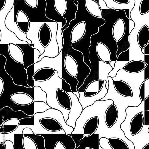 Leaves seamless pattern. Repeated abstract flower background. Modern leaf texture. Repeating contemporary design for prints. Black and white stylish patern. repeat graphic lattice. Vector illustration