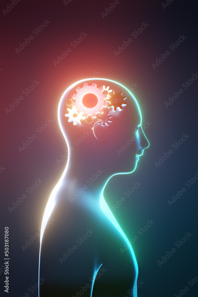 Obraz premium 3D human gear brain glow on dark background. 3D illustration rendering.