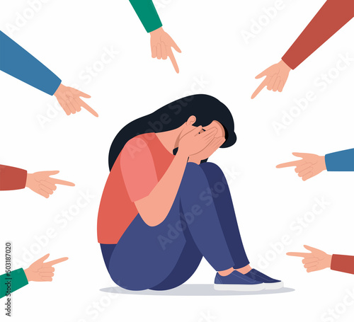 Sad or depressed young woman surrounded by hands with index fingers pointing at her. Concept of quilt, accusation, public censure and victim blaming. Flat vector illustration.