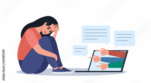 Cyber bullying. Depressed woman sitting on the floor, hands with index fingers pointing at her. Opinion and the pressure of society. Shame. Vector illustration.