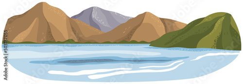 Mountaine landscape of nature, plants, flora of natural area. Lake view, outdoor recreation place. Beautiful scenery of blue water surface. River bank with hills. Lake shore, water source on island