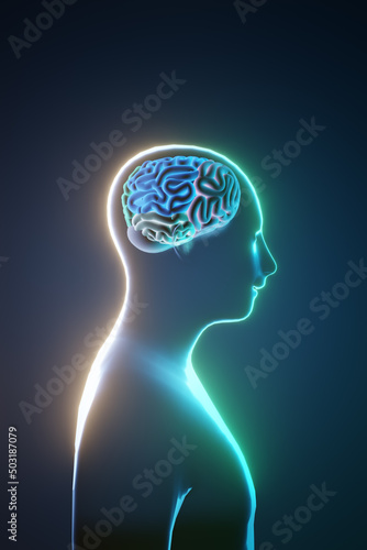 Side view of 3D human brain glow on dark background. 3D illustration rendering.
