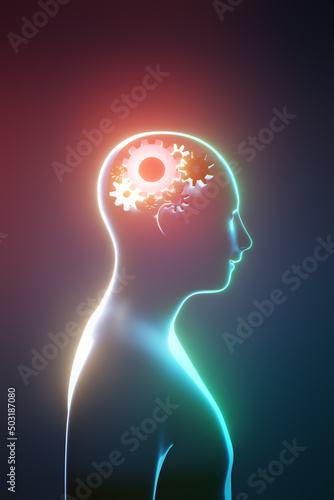 3D human gear brain glow on dark background. 3D illustration rendering.