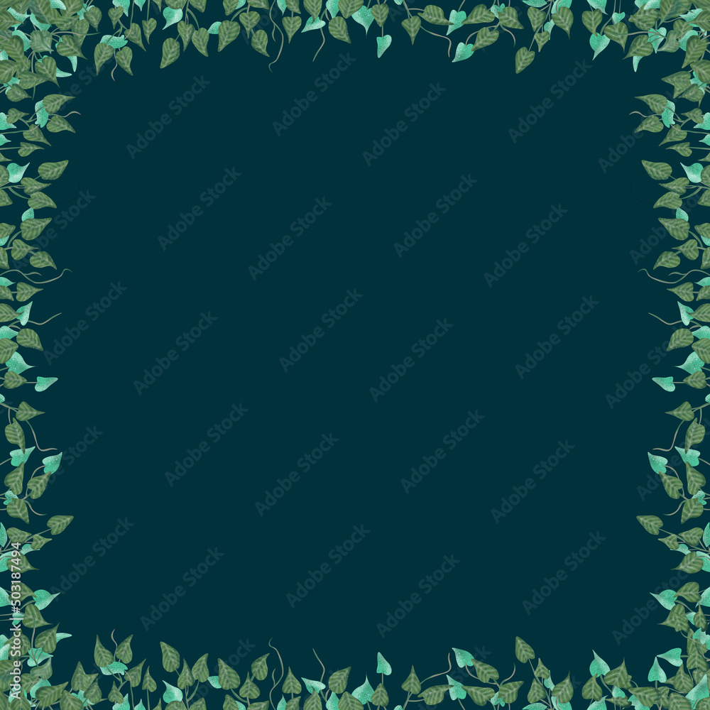 Ilustracja motyw roślinny zielone niebieskie liście na ciemnym tle	
 - obrazy, fototapety, plakaty 