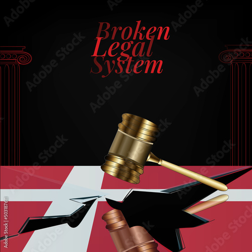 Denmark's broken legal system concept art.Flag of Denmark and a gavel