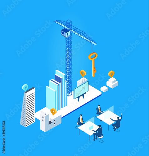 New architectural project. Isometric business environment. Business management infographic. Isometric working space  business people working together 