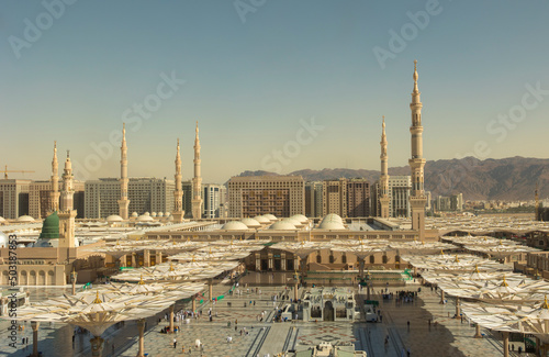 View overlooking the Al Masjid Al Abawi Mosque in Medina, Saudi Arabia.The second holiest site in Islam. photo