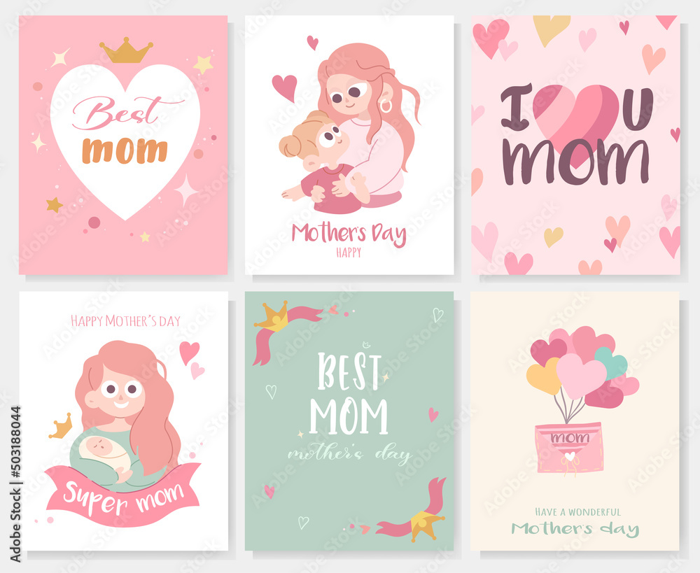 Mother's Day greeting cards in cute cartoon style. Set of 6 vector illustrations with different backgrounds, balloons, hearts, mother with a child and text. Mother's Day greeting cards in cute cartoon style. Set of 6 vector illustrations with different backgrounds, balloons, hearts, mother with a child and text.