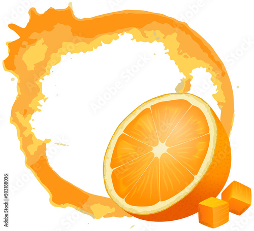 Fresh juice stain, splashes and drops near ripe orange vector illustration. High quality abstract texture for menu, bar, cafe, restaurant. Fruit, citrus, orange fresh stain, trace round shape