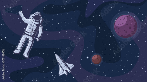 Open Space. Astronaut in spacesuit in outer space, cosmos with stars vector background