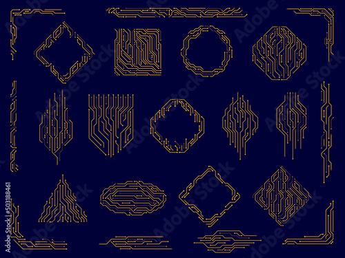 Circuit board. Digital technology dividers, energy line corners and tech frame borders vector set