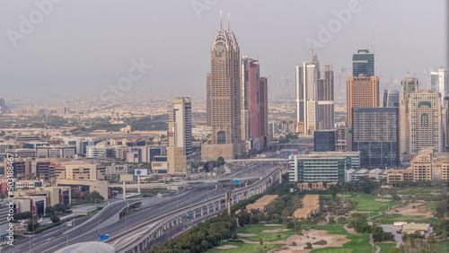 Aerial view of Sheikh Zayed Road in Dubai Internet City area timelapse