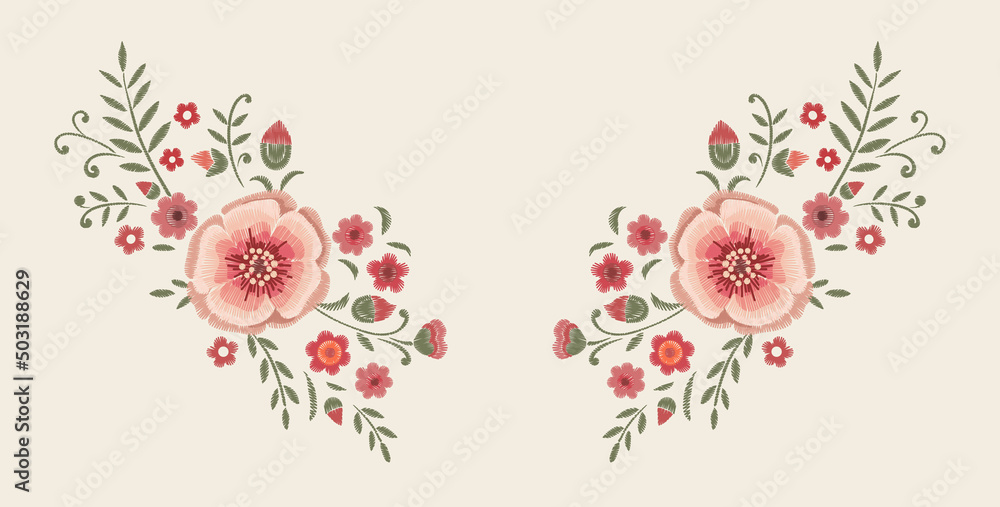 Design element of embroidered flowers. Vector floral neckline design.
