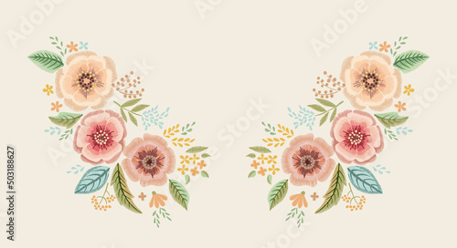 Embroidered flowers on a white background. Vector floral neckline design.
