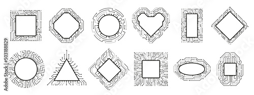 Microchip frame. Electronic chip, CPU border and digital circuit line board. Computer rocessors vector set
