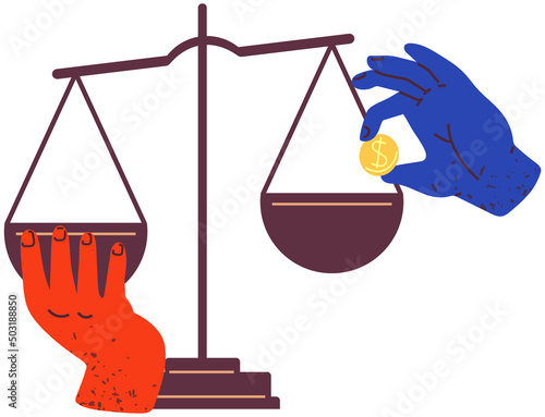 Weighing gold coin concept. Scales for measuring weight of money isolated on white background. Hands put pennies on scales. Real weight and value of gold dollar coins. Person weighs finances.