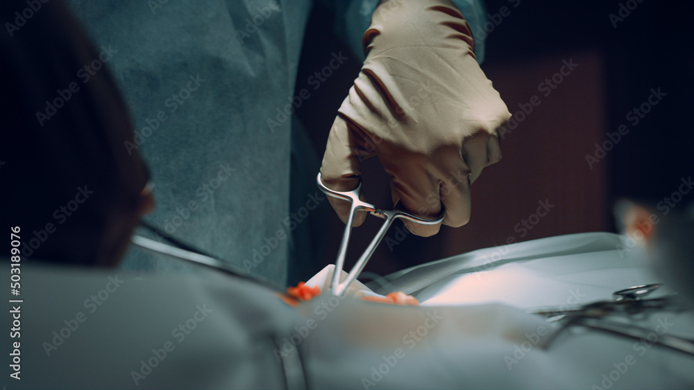 Closeup surgeon hands suturing wound with forceps in hospital operating theatre.