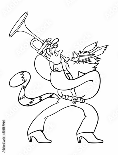 Vector outline drawing of a funny cat isolated on white. Cartoon character cat musician. A cat from the Bremen Town Musicians playing the trumpet.