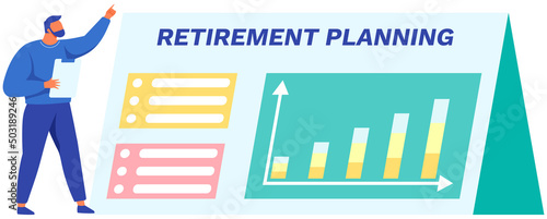 Investment planning and retirement information, data and info on graph. Man analyzes statistical indicators of investment in retirement. Planning life for people with no opportunity to work