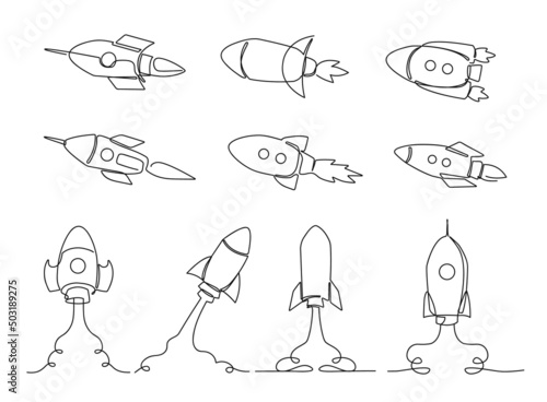 One line rocket. Space ship launch, simple rockets flying into universe and spacecraft sketch vector illustration set
