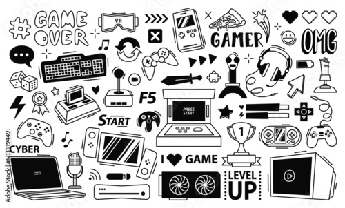 Gaming streaming doodle. Game gadgets, gamer equipment and cyber sport games ...