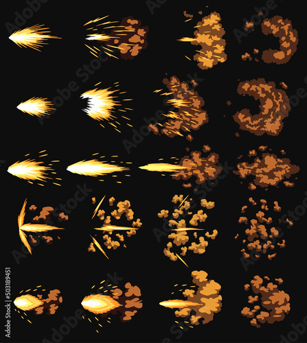 Gun flashes or gunshot animation. Collection of fire explosion effect during shot with gun. Cartoon flash effect of bullet starts. Shotgun fire, muzzle flash and explode