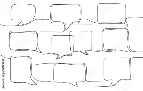 One line speech bubble. Comment template, opinion text messages and chat square and rectangular frames continuous lines vector set