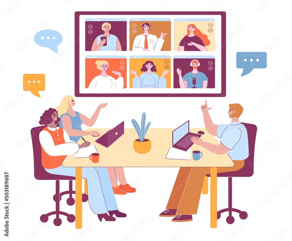 Office and remote teams meeting. Foreign business partners online conference, virtual team and workplace video call vector illustration